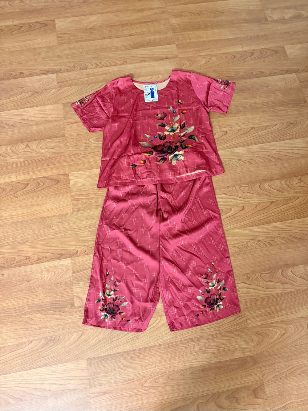 Vietnamese Pink Satin Pajama Set with Floral Pattern